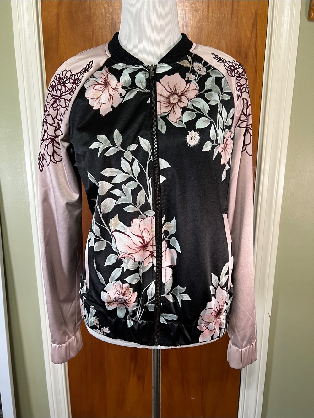 Guess Black Satin Floral Bomber Jacket with Pale Pink Sleeves